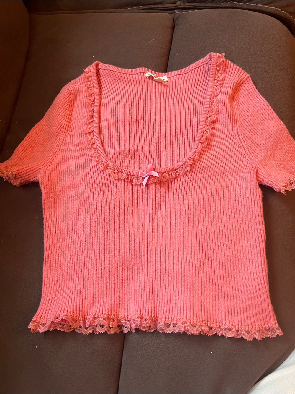 For Love And Lemons Coral Pink Ribbed Lace-Trim Scoop Crop Top